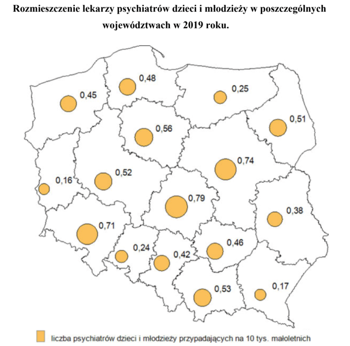 Rozmieszczenie lekarzy psychiatrów dzieci i młodzieży w Polsce w poszczególnych województwach w 2019 roku.
